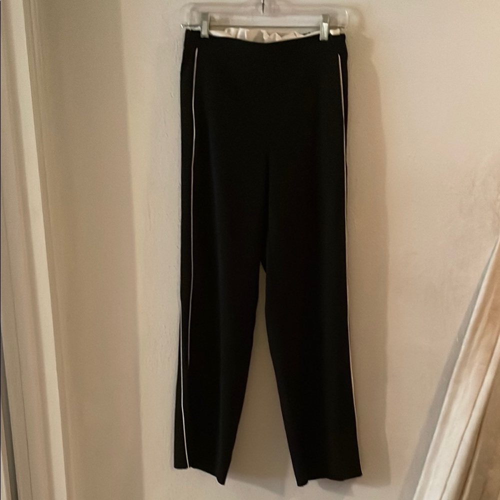 Gorgeous Maev Track Pants, black with white stripes and white ruffle waistband
